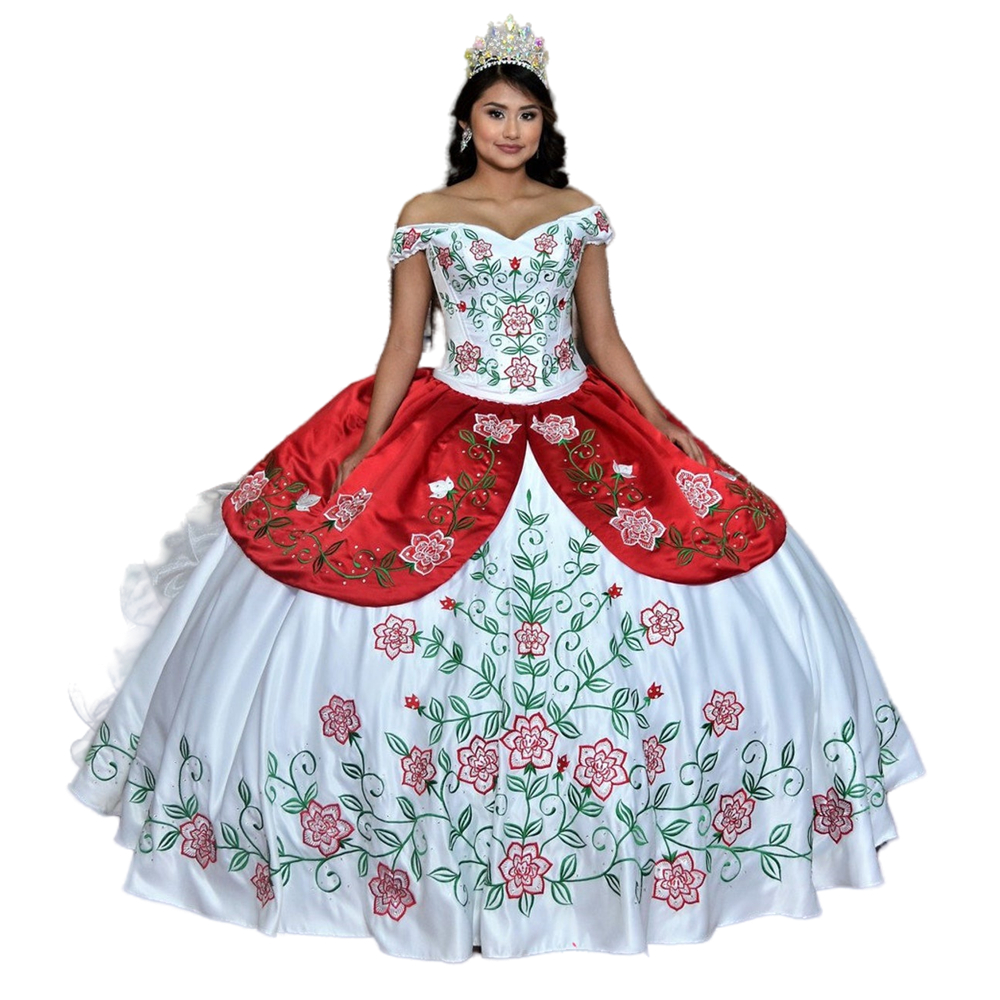 2024 Mexican Embroidered Quinceanera Dresses Ruffles Tiers Floral White And Red Prom Ball Gown Sweet 16 Dress