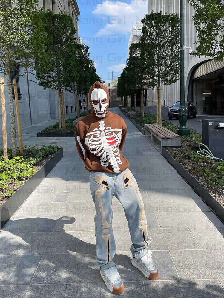 Men's Hoodies & Sweatshirts Gothic Skeleton Graphic Men's Zip Up Harajuku Punk Fashion Y2K Sweatshirt Full Zipper Oversized Streetwear S