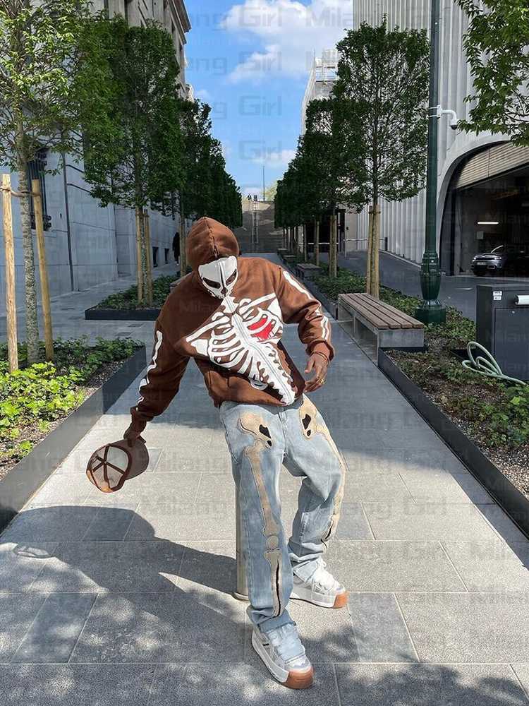 Men's Hoodies & Sweatshirts Gothic Skeleton Graphic Men's Zip Up Harajuku Punk Fashion Y2K Sweatshirt Full Zipper Oversized Streetwear S