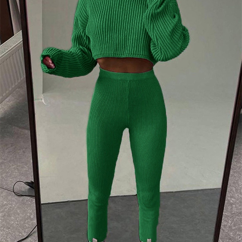 Women's Two Piece Pants Jacuqeline Sexy Y2K Knitted Women's Suit Pencil Pants And Turtleneck Crop Top Two Piece Set Woman Outfits Autumn Win