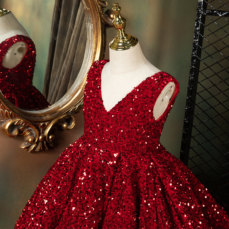 Gold Girls Pageant Dresses Sequined Toddler Ball Gowns Jewel Long Sleeves Formal Kids Party Gown Flower Girl Dresses for Weddings 2021