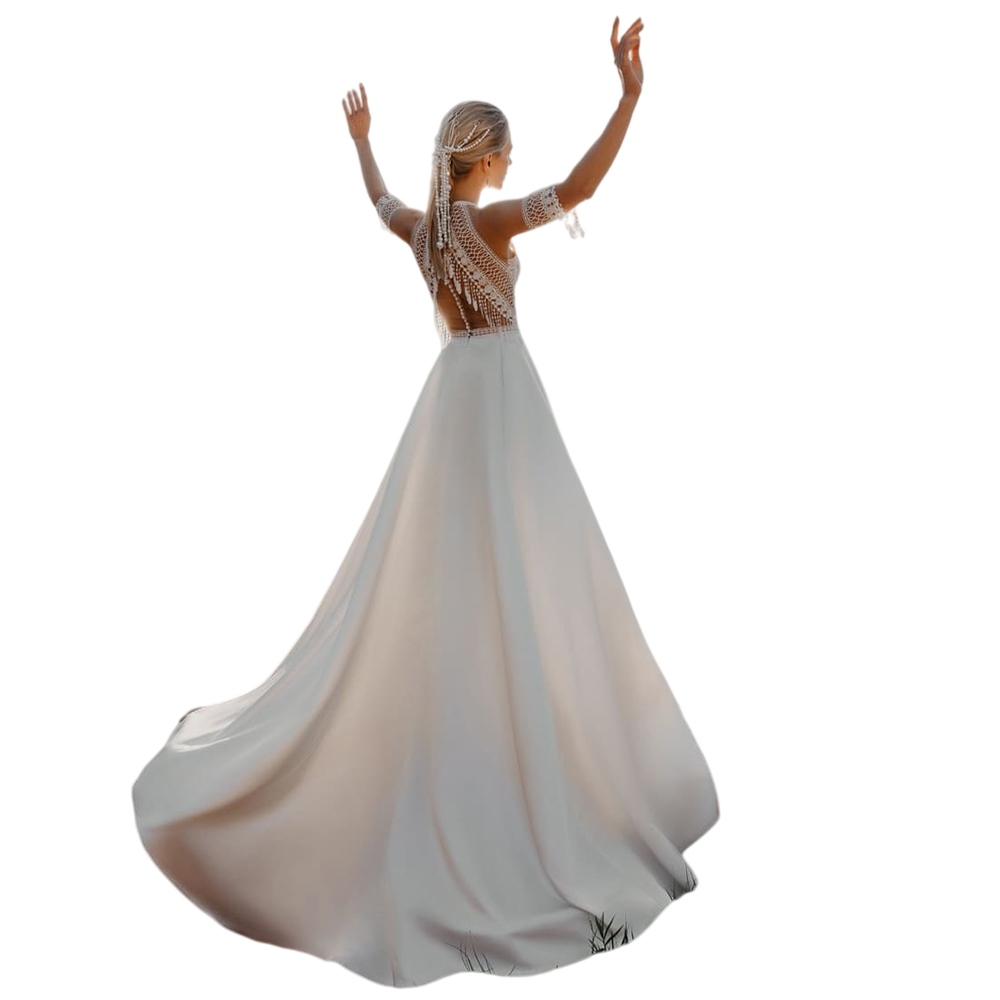 Bohemian Halter Beach Wedding Dress Racer Back Cutout Tasseled crochet Lace Transparent Satin Skirt Boho Bridal Gowns