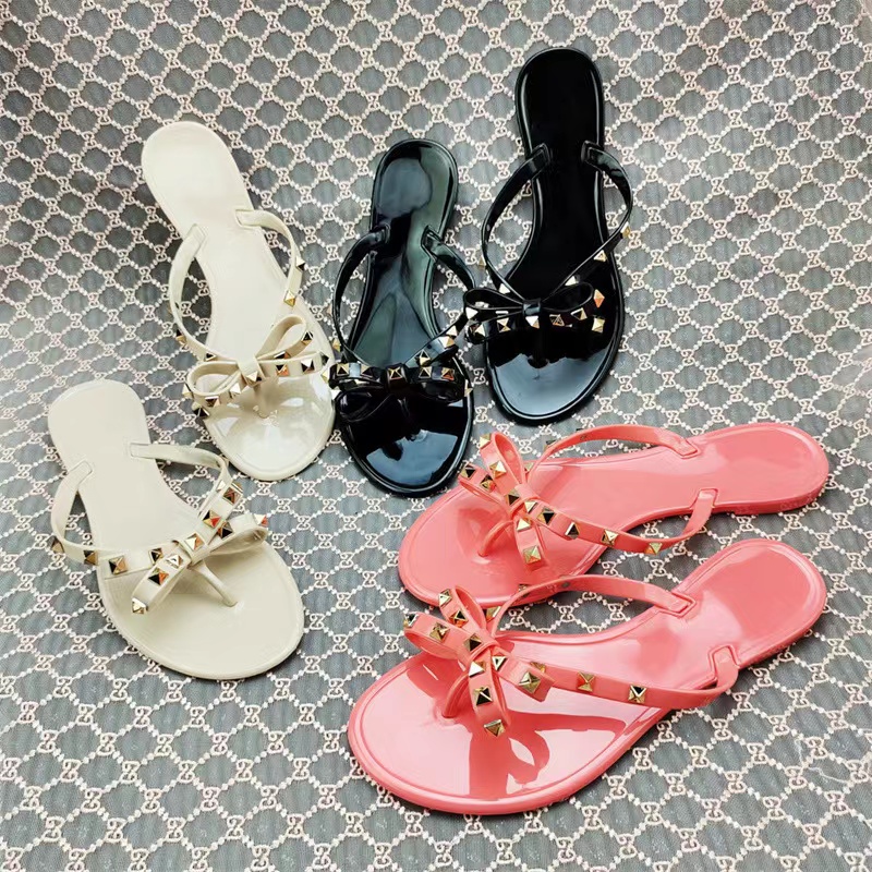 Slippers 2022 Women's Bow Flat Platform Sandals Designer Classic Print Candy Color Jelly Beach High Heel Flip-Flops Non-Slip Rubber 35-41