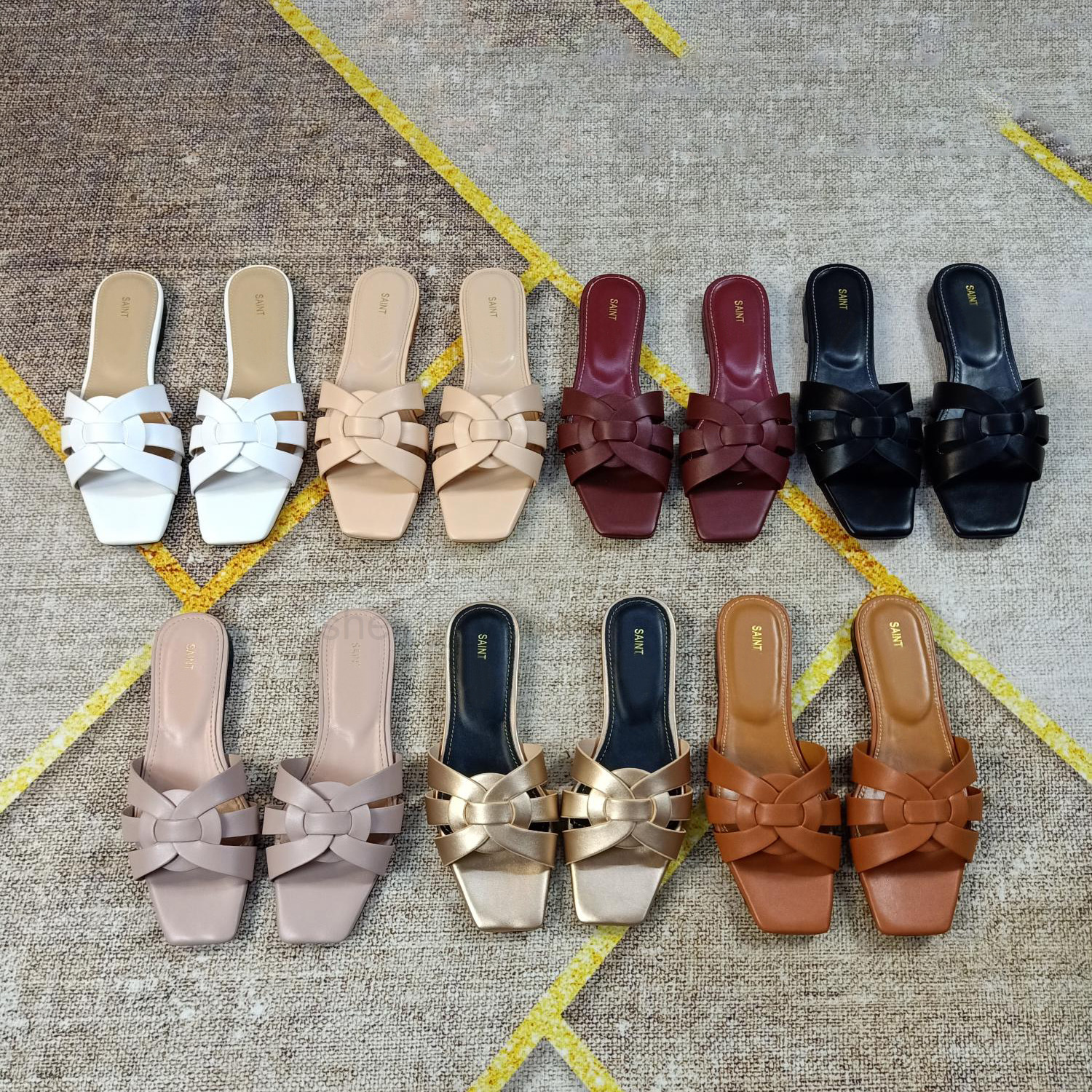 

Top YS slippers Tribute Flat Leather interwining straps Slide sandals women shoes Dark Grey Rose Pink Patent Amber Nappa Leather Ivory Croc, 15 burgundy croc embossed