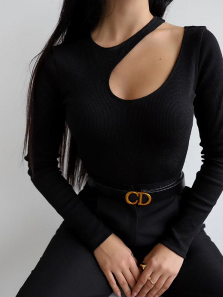 Women Y2k Ribbed Cutout Bodysuit Female Basic Sexy Hollow Out Asymmetrical Bodycon Top Casual Long Sleeve Fashion Slim T Shirts 220822wtt