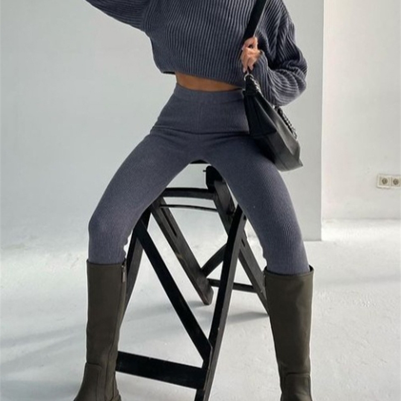 Women's Two Piece Pants Jacuqeline Sexy Y2K Knitted Women's Suit Pencil Pants And Turtleneck Crop Top Two Piece Set Woman Outfits Autumn Win