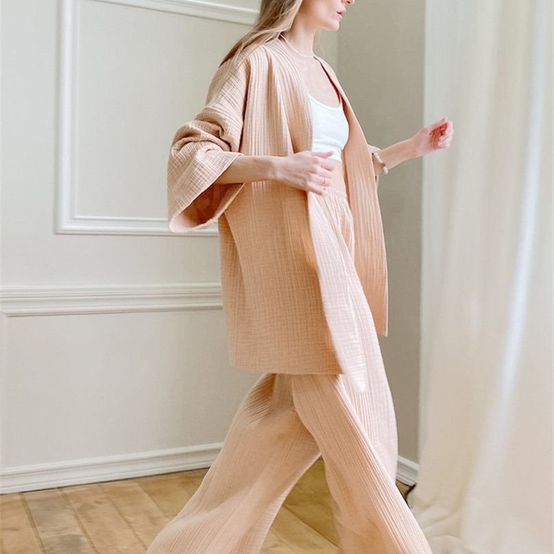 Women's Two Piece Pants Women's Nightgown Robe Pajama Sets Flare Nightgown Trouser Suits Drop Sleeves Set 100% Cotton Woman 2 Pieces Bathrob