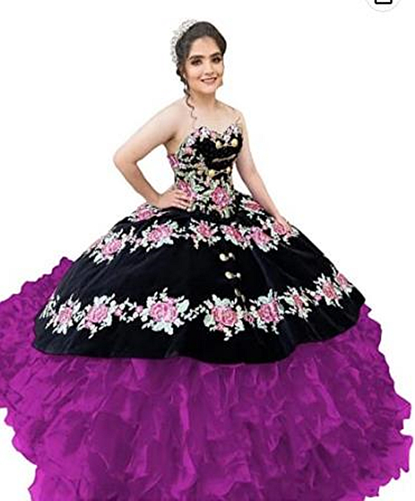 Vintage Charro Quinceanera Dresses Floral Embroidered Ruffle Mexican Style Sweet 15 Dress 16 Years Girls Corset Fuchsia And Black Masquerade Prom Ball