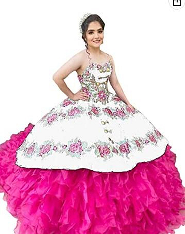 Vintage Charro Quinceanera Dresses Floral Embroidered Ruffle Mexican Style Sweet 15 Dress 16 Years Girls Corset Fuchsia And Black Masquerade Prom Ball