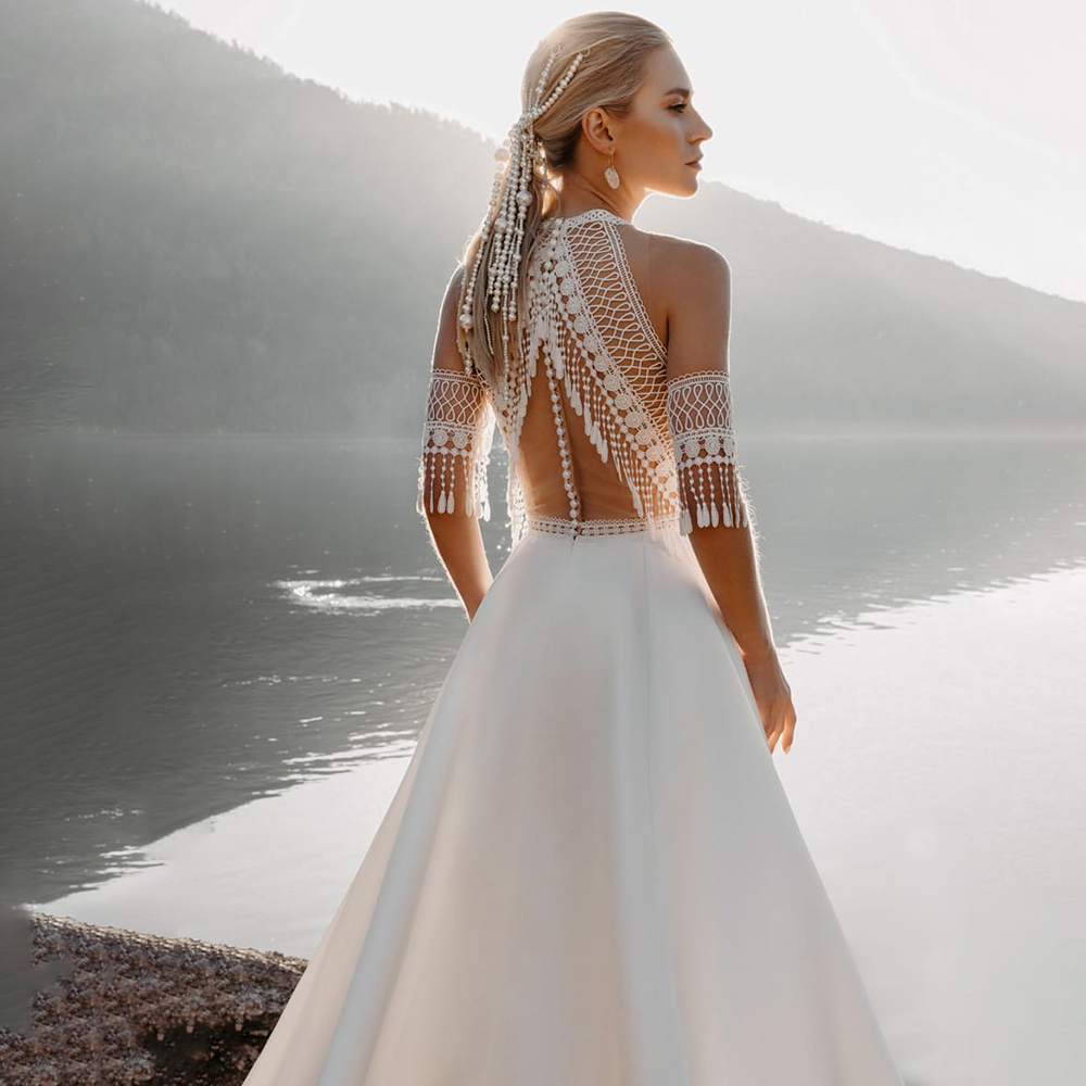 Bohemian Halter Beach Wedding Dress Racer Back Cutout Tasseled crochet Lace Transparent Satin Skirt Boho Bridal Gowns