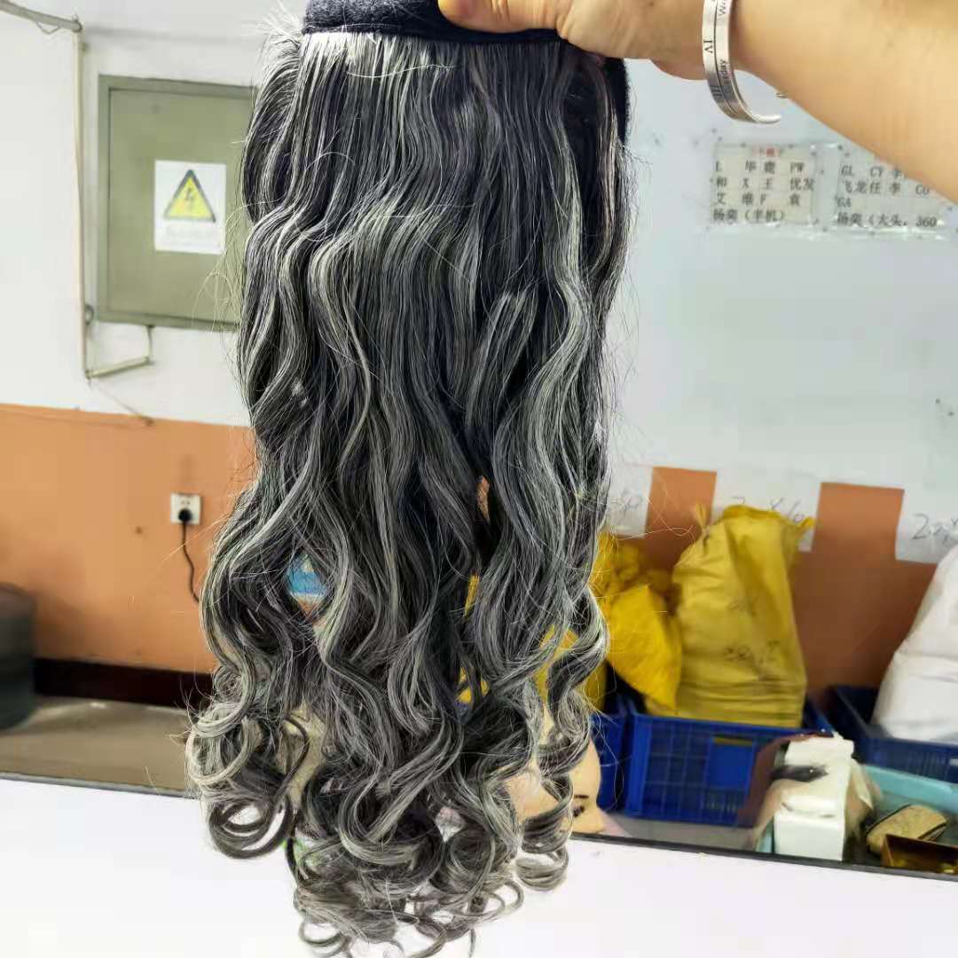 Wraps African American Human Hair Ponytail Silver Grey Pony tail Extension Hairpiece Clip on Gray Afro Curly Hairstyles 140g 16inch