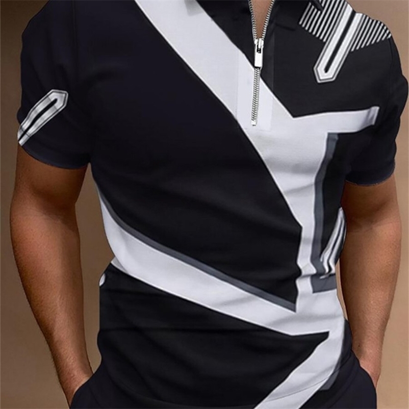 Men Polo Shirts Summer High Quality Casual Daily Short Sleeve Striped Mens Shirts Turn-Down Collar Zippers TEES Men 220822
