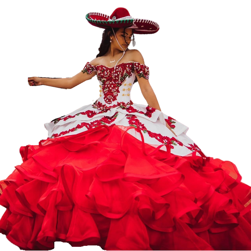 Charro Mexican Style Floral Quinceanera Dresses White And Red Ruffles Tiers Long Prom Pagenat Ball Gown Sweet 15 Dress Off Shoulder Crystals Beaded Ma