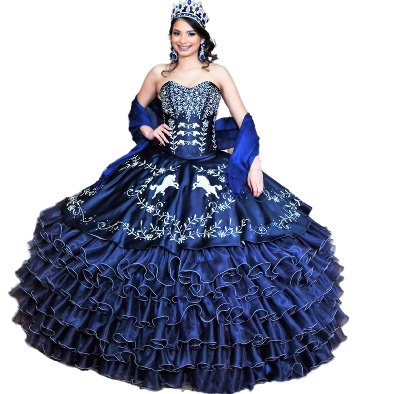 Charro Western Quinceanera Dresses Dark Navy Prom Ball Gown Sweet 15 Dress Tiers Skirt 2022