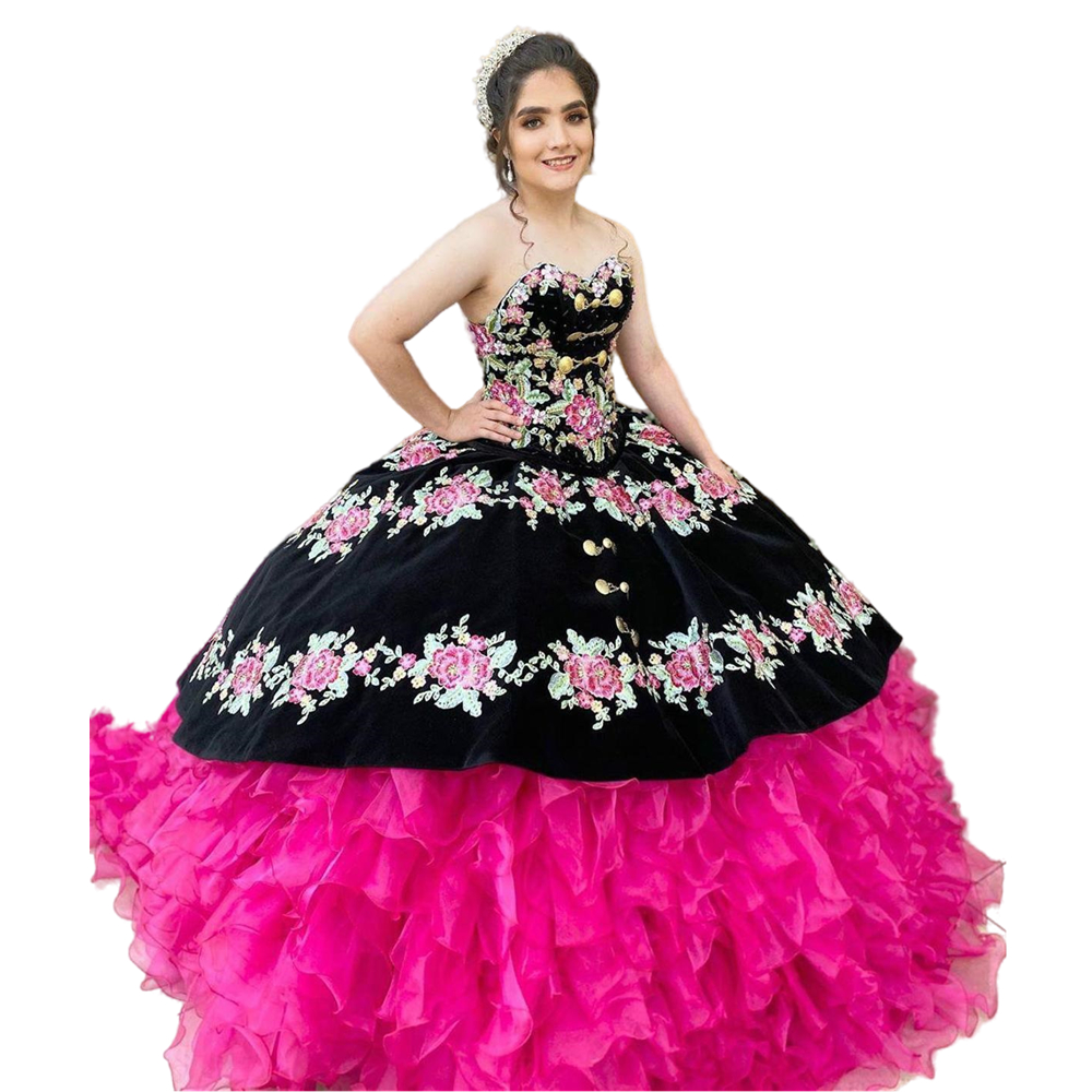 Vintage Charro Quinceanera Dresses Floral Embroidered Ruffle Mexican Style Sweet 15 Dress 16 Years Girls Corset Fuchsia And Black Masquerade Prom Ball