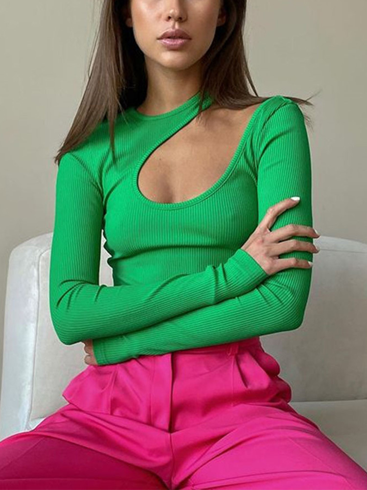 Women Y2k Ribbed Cutout Bodysuit Female Basic Sexy Hollow Out Asymmetrical Bodycon Top Casual Long Sleeve Fashion Slim T Shirts 220822wtt