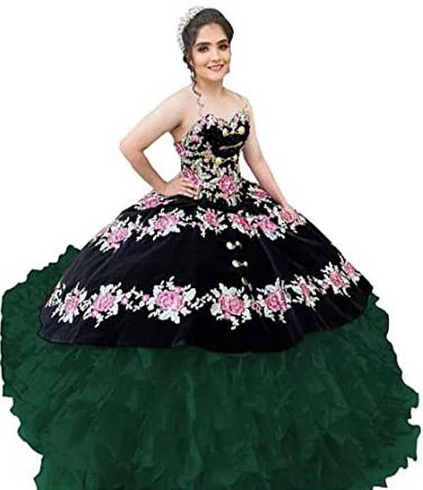 Vintage Charro Quinceanera Dresses Floral Embroidered Ruffle Mexican Style Sweet 15 Dress 16 Years Girls Corset Fuchsia And Black Masquerade Prom Ball