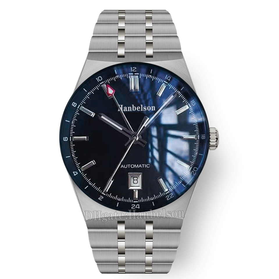 Automatic Mens watch Day and Date GMT Black face Steel case metal strap Business Leather strap wristwatch