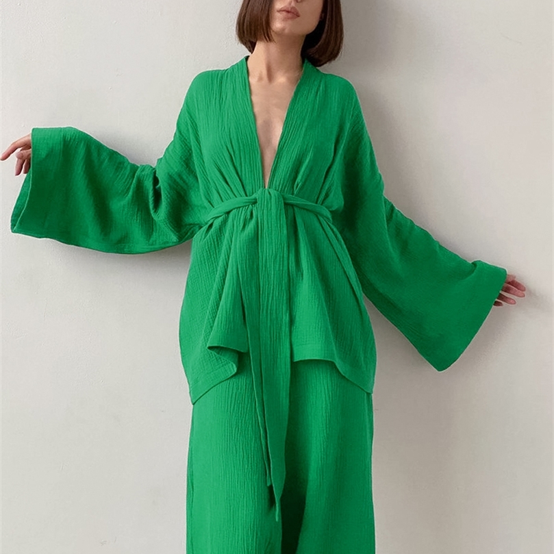 Women's Two Piece Pants Women's Nightgown Robe Pajama Sets Flare Nightgown Trouser Suits Drop Sleeves Set 100% Cotton Woman 2 Pieces Bathrob