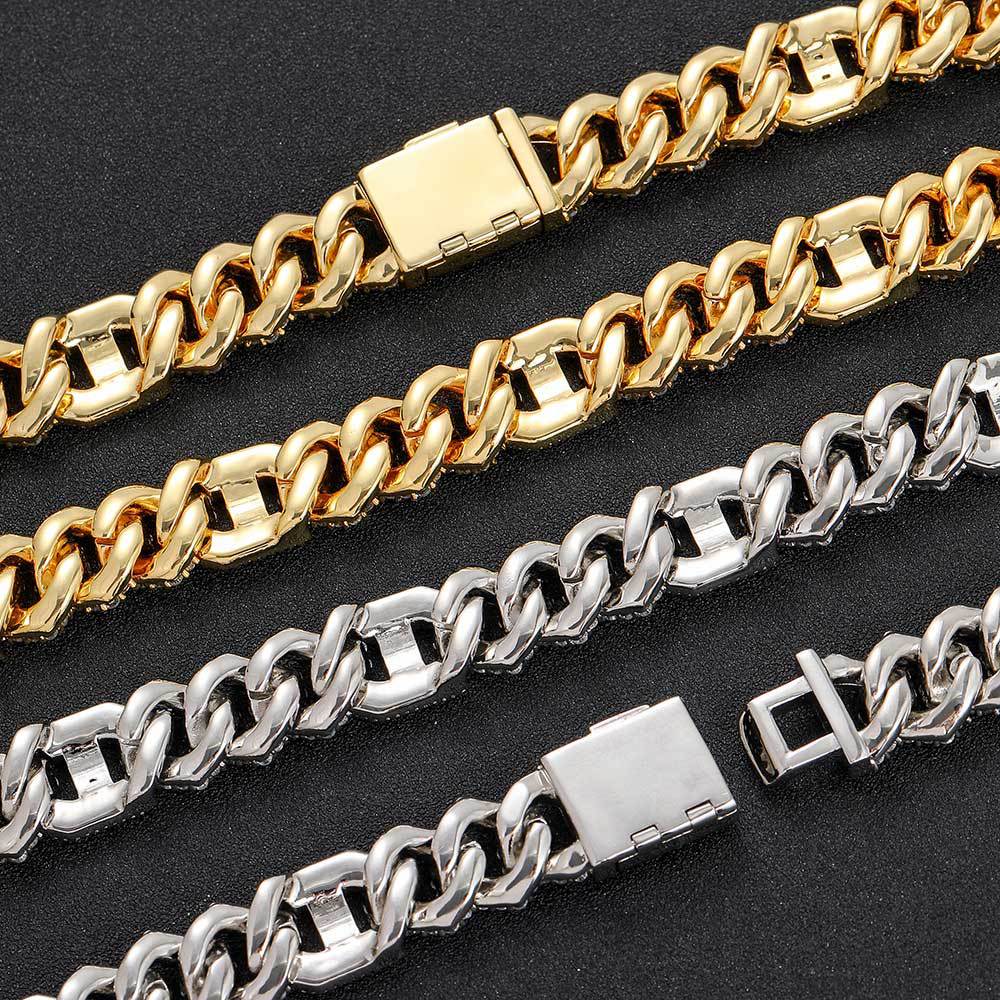 15mm Hip Hop T Cubic Zirconia Diamond Tennis Chain Real Gold Plated Pig Nose Men's Necklace