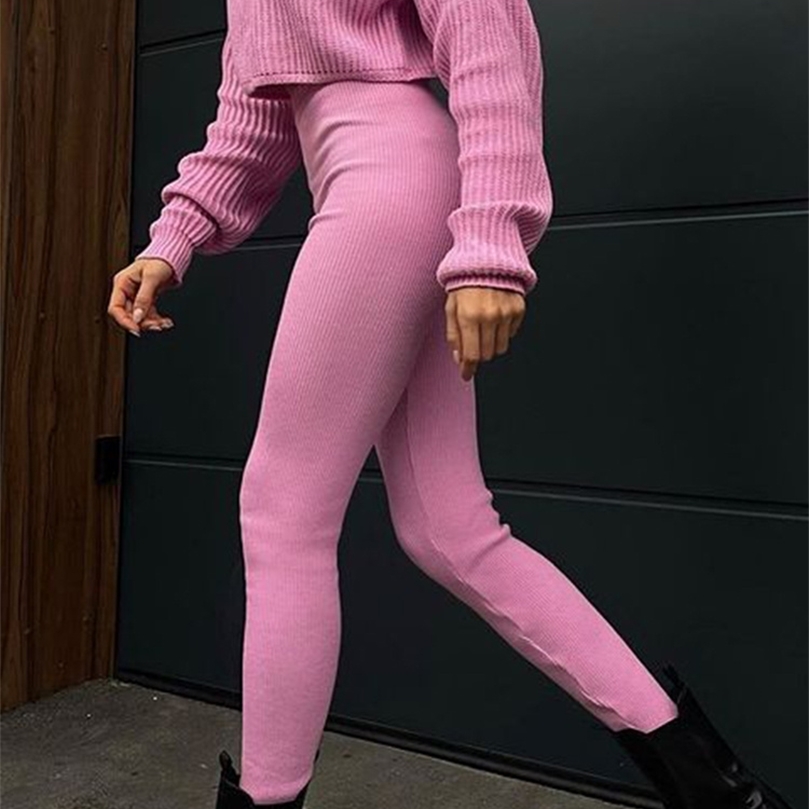 Women's Two Piece Pants Jacuqeline Sexy Y2K Knitted Women's Suit Pencil Pants And Turtleneck Crop Top Two Piece Set Woman Outfits Autumn Win