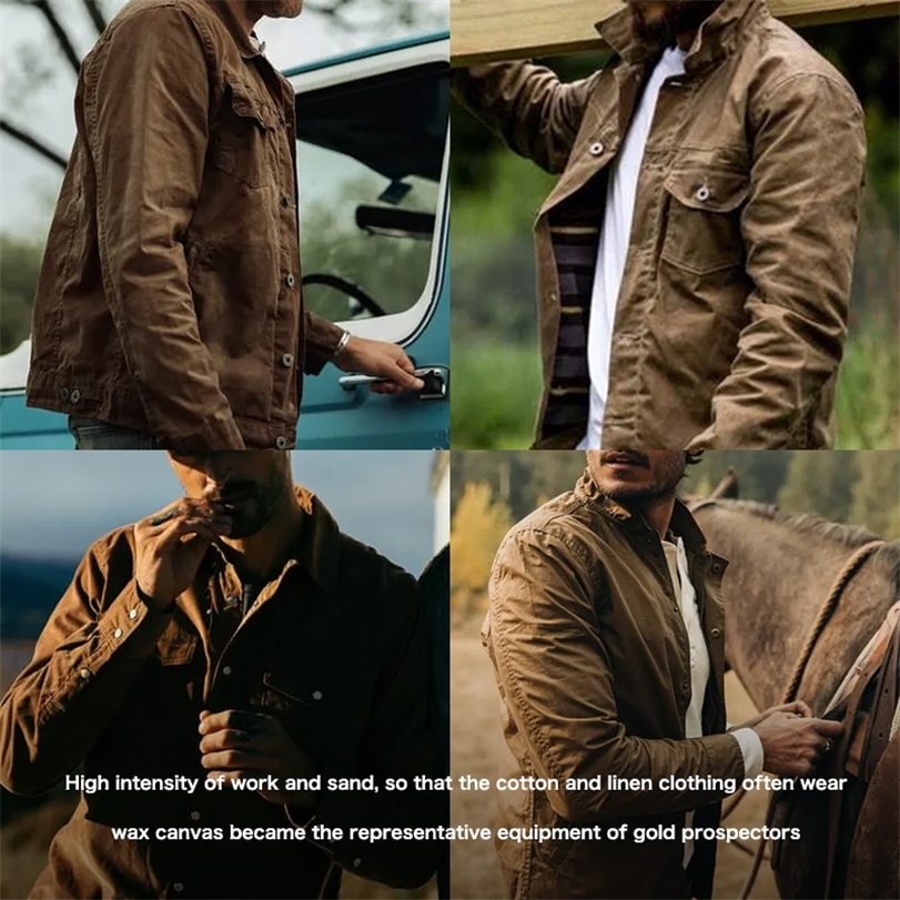 Maden Amekaji Retro Male Oil Waxed Jacket Canvas Cotton Khaki Uniform Light Casual Work Safari Style Coats Man Clothing 220818