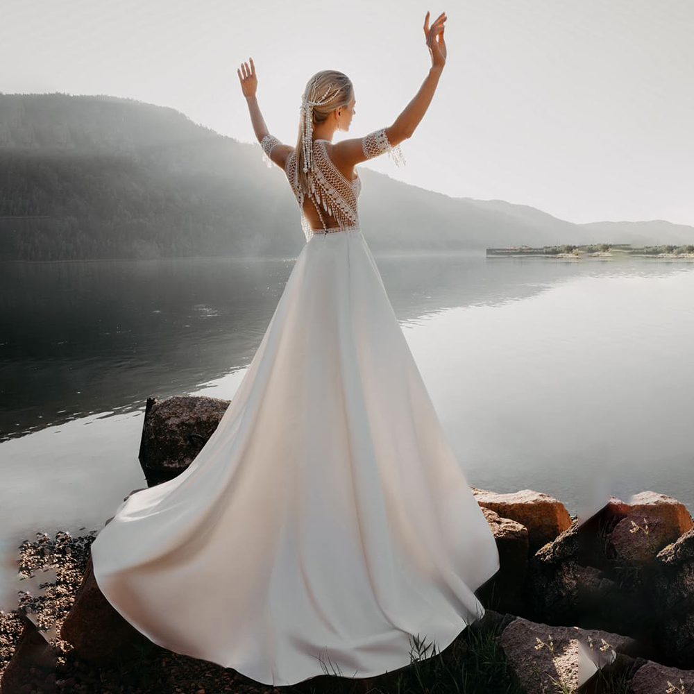 Bohemian Halter Beach Wedding Dress Racer Back Cutout Tasseled crochet Lace Transparent Satin Skirt Boho Bridal Gowns