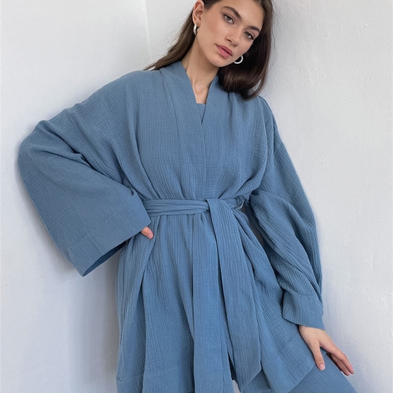 Women's Two Piece Pants Women's Nightgown Robe Pajama Sets Flare Nightgown Trouser Suits Drop Sleeves Set 100% Cotton Woman 2 Pieces Bathrob