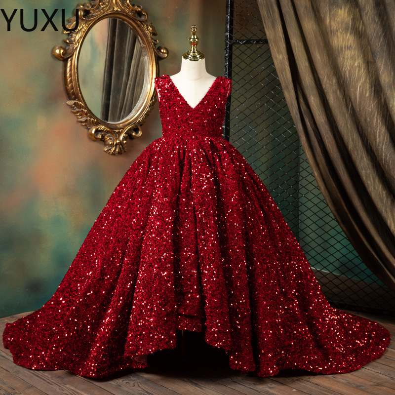 Gold Girls Pageant Dresses Sequined Toddler Ball Gowns Jewel Long Sleeves Formal Kids Party Gown Flower Girl Dresses for Weddings 2021