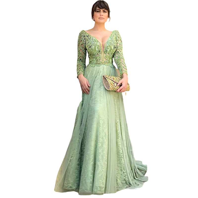 Mint Green Long Sleeve Mother of the Bride Groom Dresses Floor Length Tulle with lace Appliques Vestido De Festa para mae da noiva