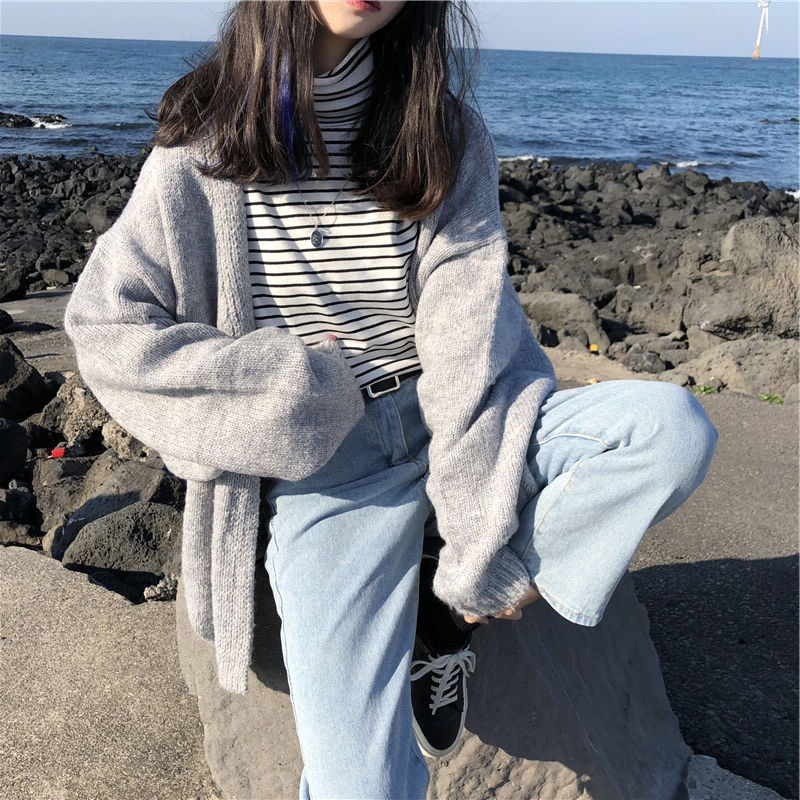 Women's Fur Faux Fur Cardigan Women Autumn Solid Longstyle Simple Sweaters Ins Allmatch Trendy Leisure Knitted Outwear Teens Preppystyle Ulzzang 