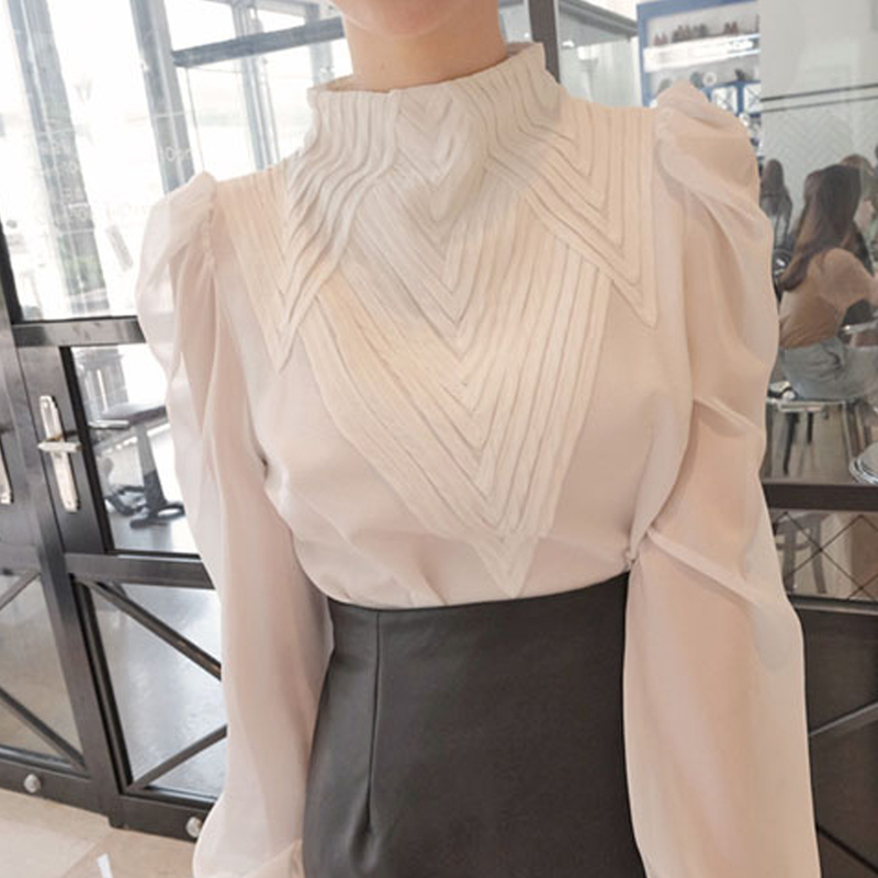 Women's Blouses Shirts Vintage Stand Collar Puff Sleeve Women Shirts Elegant Office Lady White Chiffon Blouse Casual Tops Fashion Blusa Camisa 22