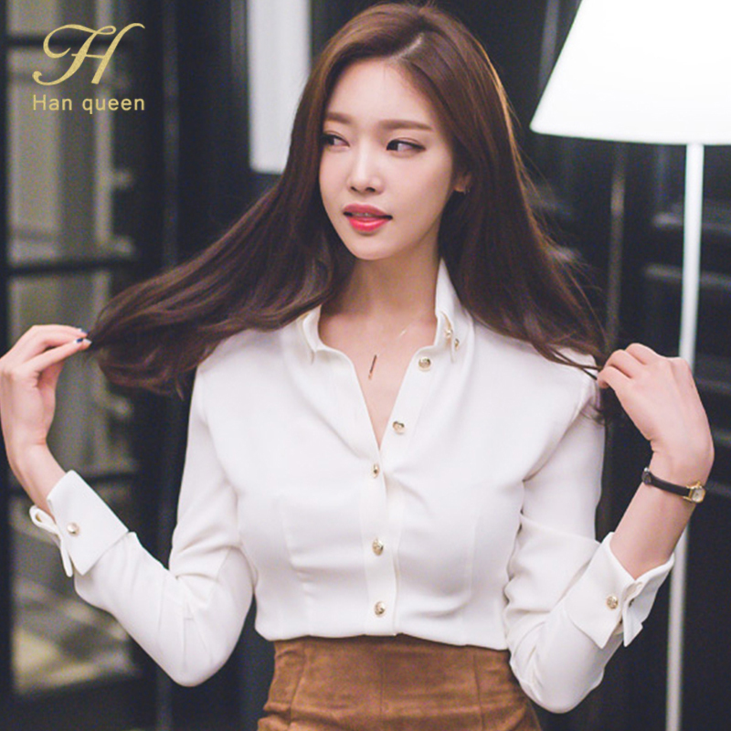 Women's Blouses Shirts H Han Queen Wear To Work Female Blouses Turndown Collar Simple White Shirt Tops Korean Casual Blouse Occupation Women Blus