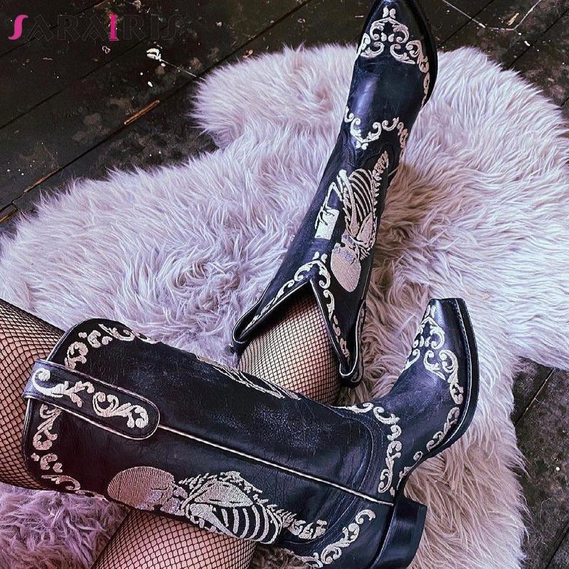 

Boots Plus Size 48 High Heeled Women Mid Calf Chunky Platform Cowboy Cowgirl Retro Skull Embroidery Fashion Rome Shoes 220826, Black