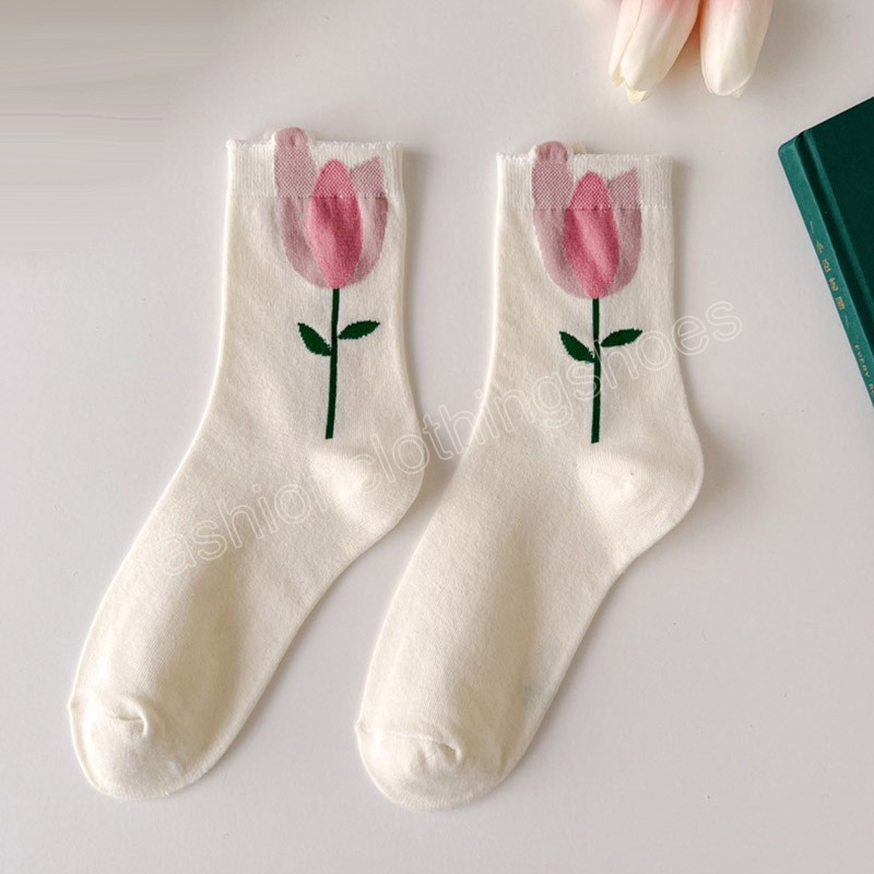 Women's Cotton Middle Tube Tulip Flower Socks Breathable Casual Female Socks Summer Sport Long Sweatwear Sock