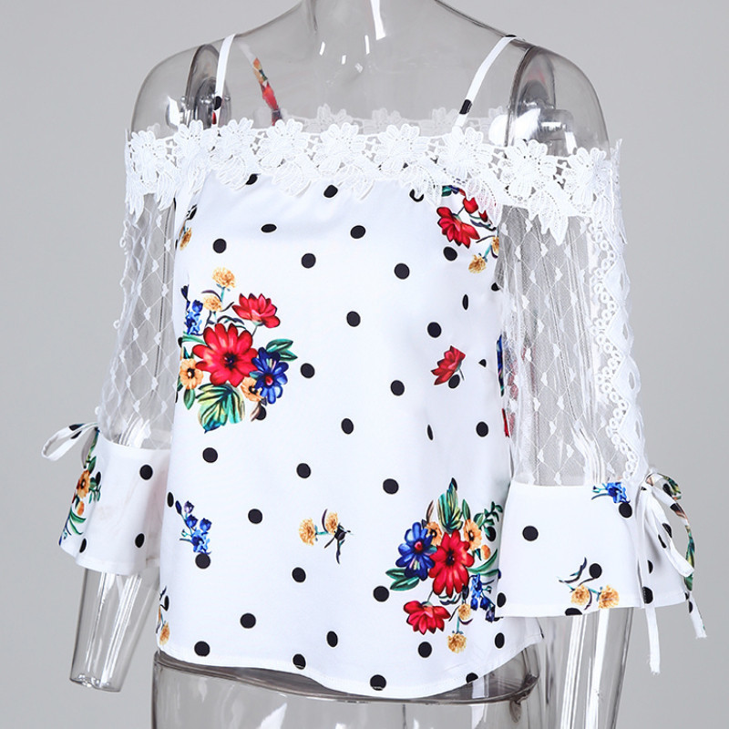 Women's Blouses Shirts Autumn Women Elegant Stylish Party Top Female Fashion Basic Casual Shirt Cold Shoulder Mesh Insert Dots Floral Print Blous