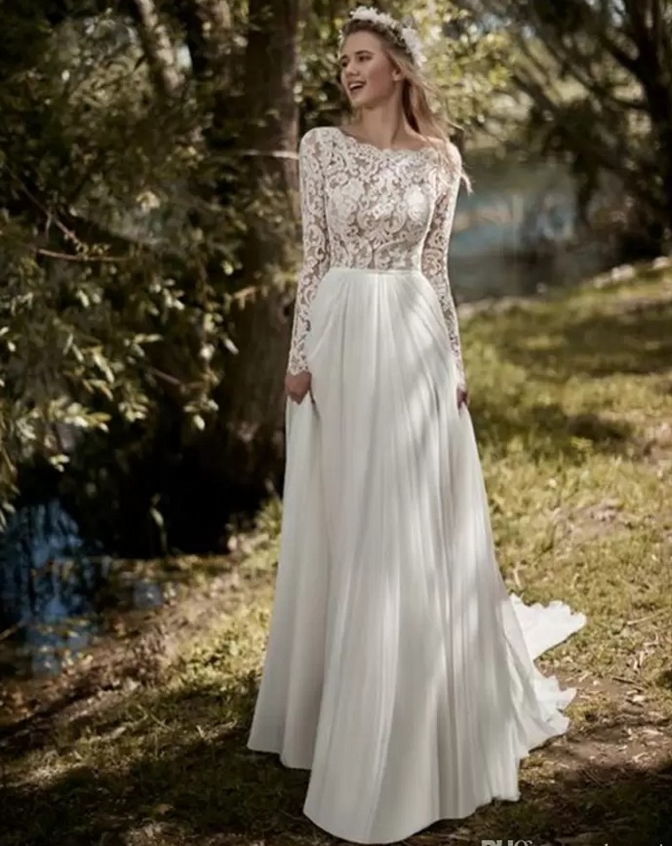 New Boho Long Sleeves A Line Wedding Dress 2022 Robe Mariee Vintage Lace Top Chiffon Backless Long Sleeve Vestidos De Noiva