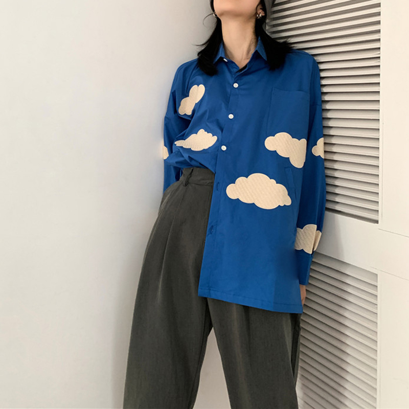 Women's Blouses Shirts Oversized Blue Sky White Clouds embroidery loose shirt Women's blouses Spring Long sleeve Tops Blusas Mujer 220826