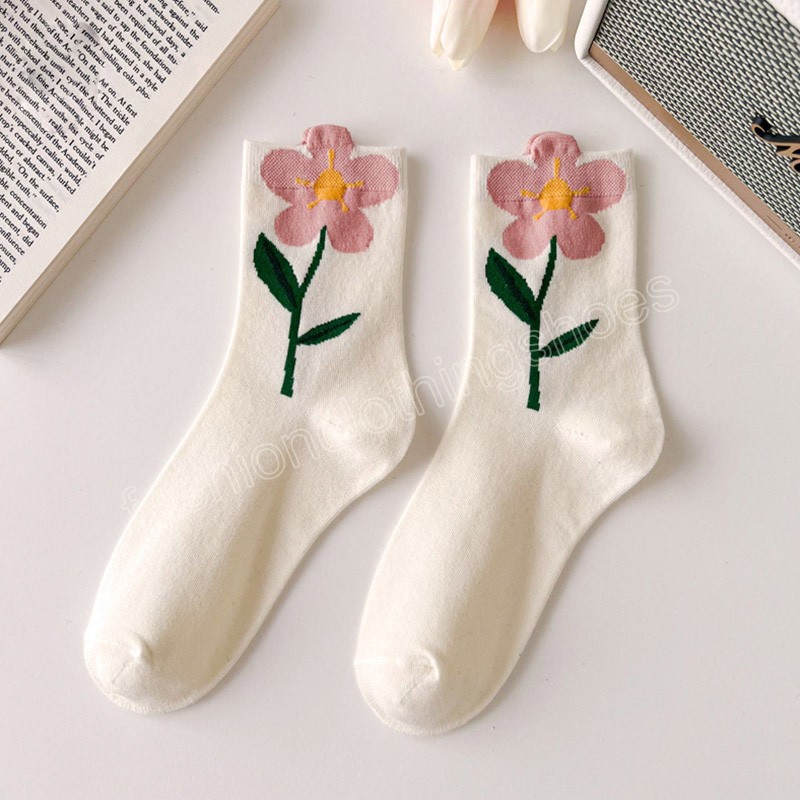 Women's Cotton Middle Tube Tulip Flower Socks Breathable Casual Female Socks Summer Sport Long Sweatwear Sock