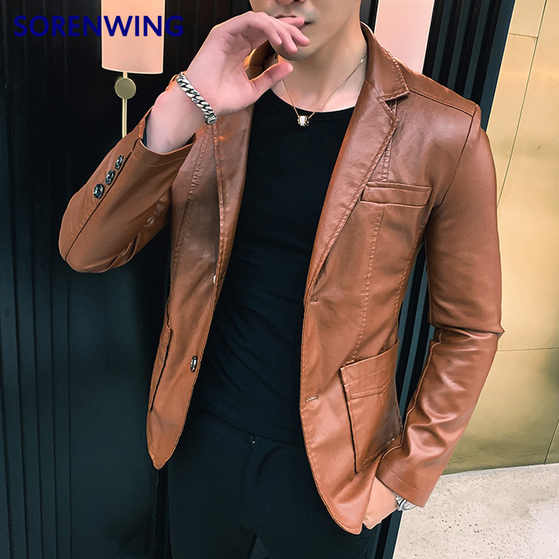 Men's Leather Faux Dress Suit Coat men's jackets Business leather Pu Blazers Korean style slim thin trend 220826