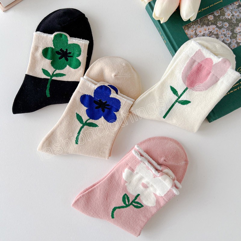 Women's Cotton Middle Tube Tulip Flower Socks Breathable Casual Female Socks Summer Sport Long Sweatwear Sock