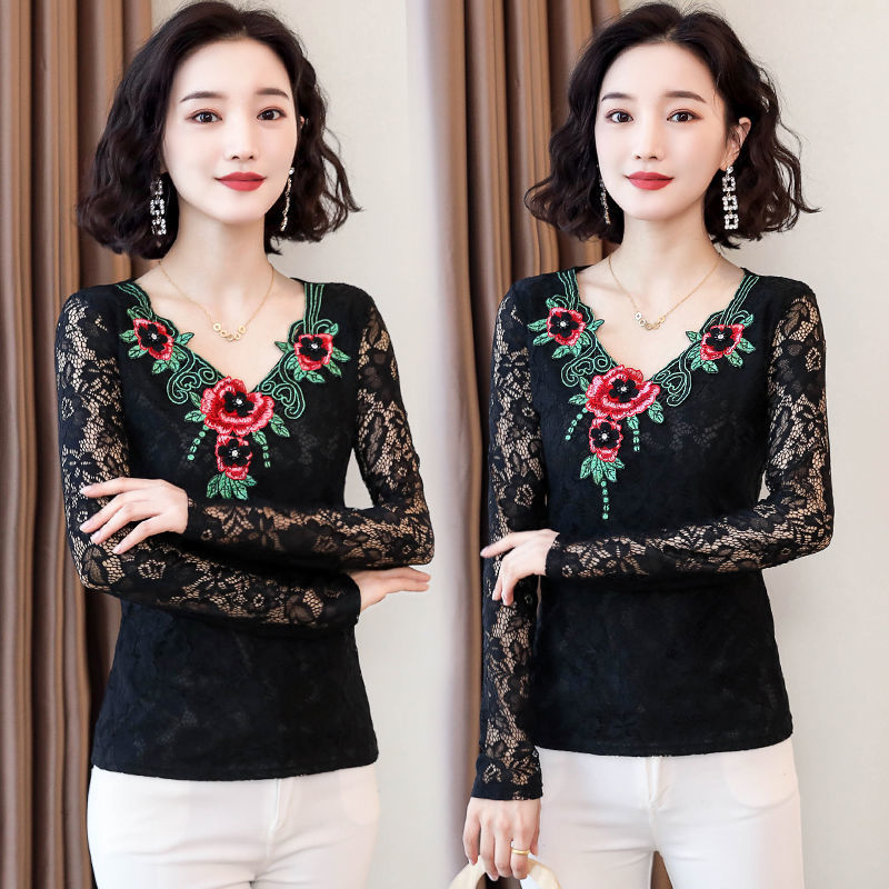 Women's Blouses Shirts Black Lace Top Blouse Long Sleeve Top Plus Size Women Shirt Elegant Embroidery Hollow out Slim Autumn 220826