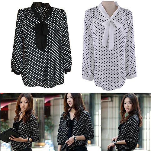 Women's Blouses Shirts Women Blouses Butterfly Summer Polka Dot Bowknot Chiffon Shirt Loose Long Sleeve Blouse Top 220826