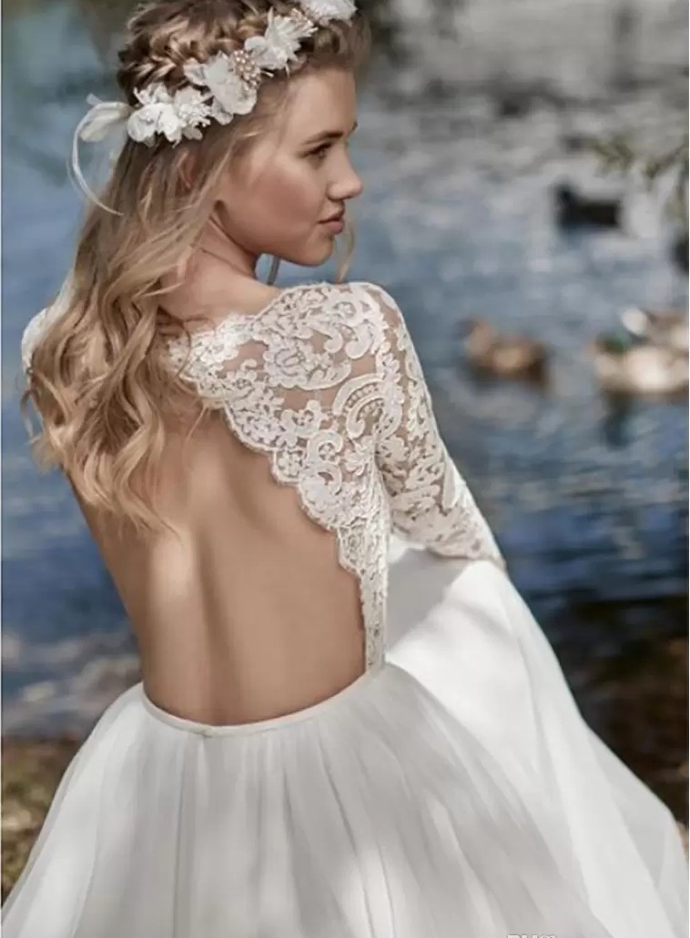 New Boho Long Sleeves A Line Wedding Dress 2022 Robe Mariee Vintage Lace Top Chiffon Backless Long Sleeve Vestidos De Noiva