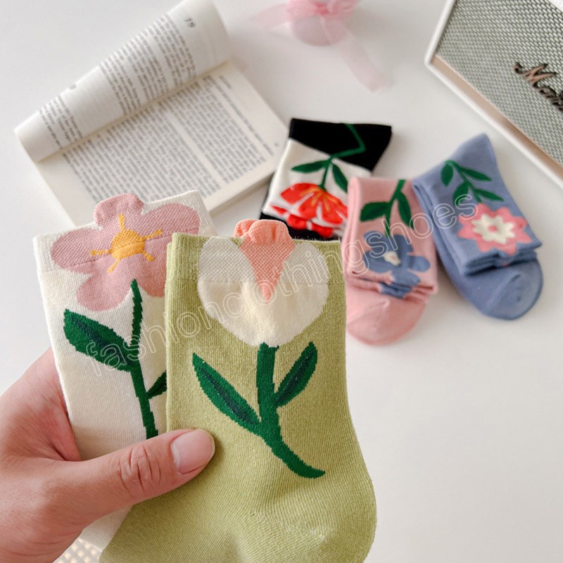 Women's Cotton Middle Tube Tulip Flower Socks Breathable Casual Female Socks Summer Sport Long Sweatwear Sock