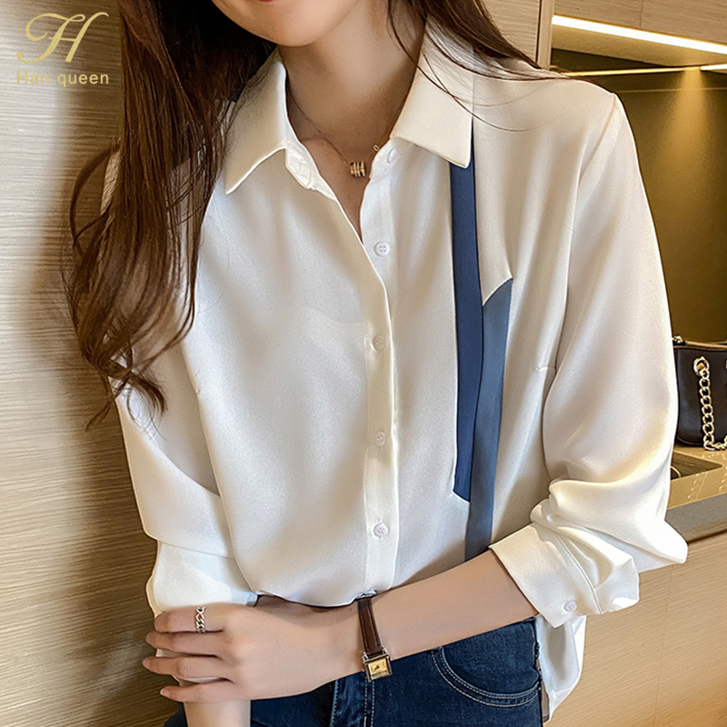 Women's Blouses Shirts H Han Queen Blouse Women Spring Autumn Single Breasted Turndown Collar Shirts Office Work Blouse Chiffon Vintage Loose Top