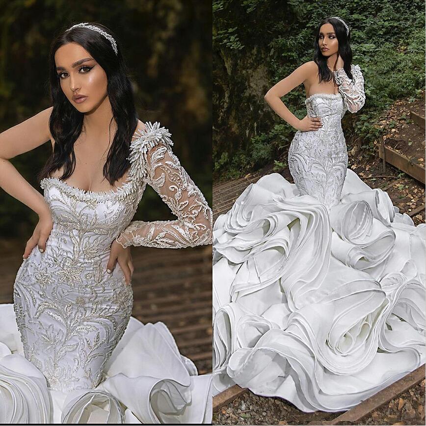 Vintage Cascading Ruffles Mermaid Wedding Dress One Shoulder Long Sleeve 3D Lace Appliques Bridal Gowns, Pink
Vintage Cascading Ruffles Mermaid Wedding Dress One Shoulder Long Sleeve 3D Lace Appliques Bridal Gowns, Pink