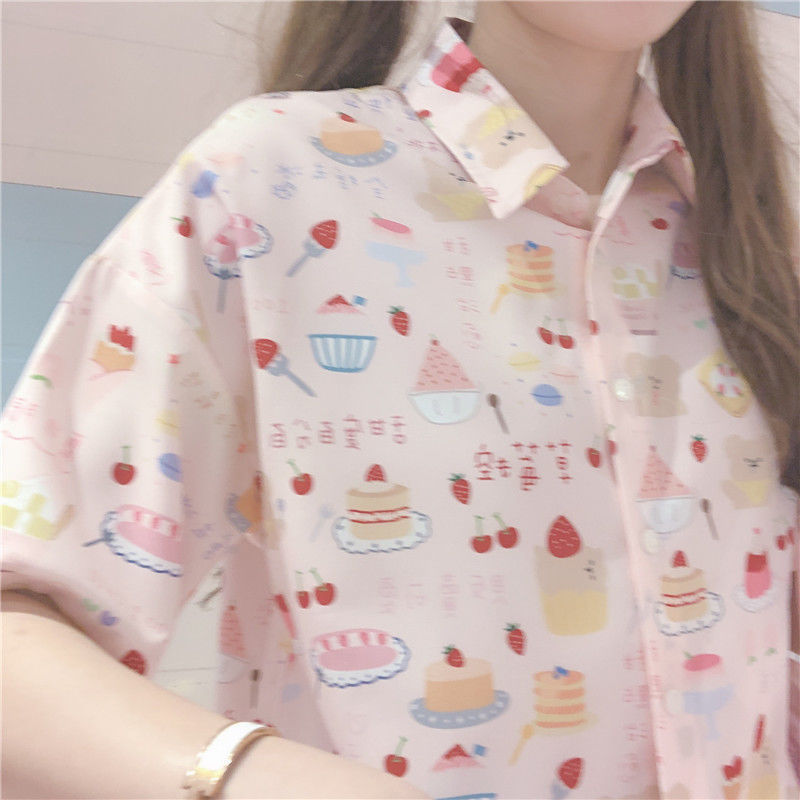 Women's Blouses Shirts Shirts Women Short Sleeve Print Lovely Loose Korean Style Summer Fashion Feminino Blouses Prevalent Sweet Turndown Collar 