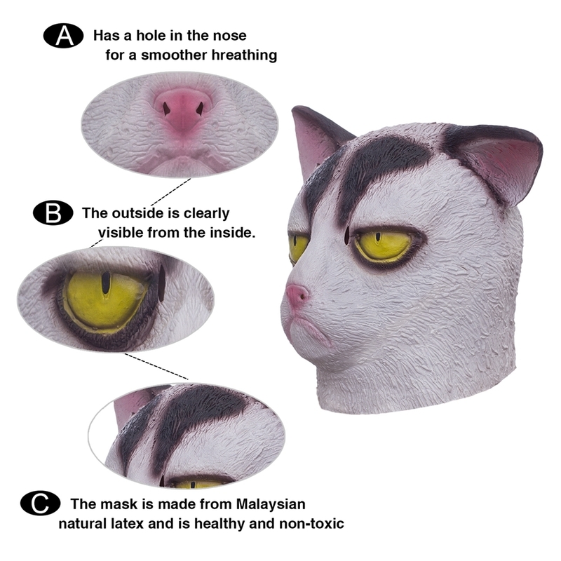 Party Masks Unhappy White Cat Mask Halloween Costume Party Novelty Animal Head Rubber Latex Mask 220826
