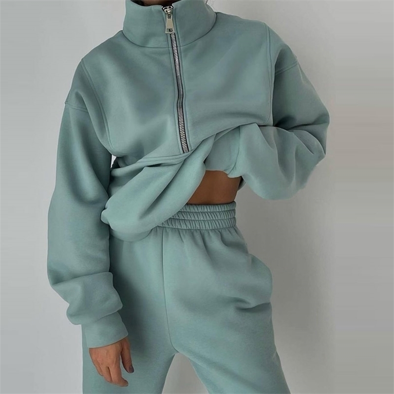 Women's Two Piece Pants Women Fleece Two Piece Set Spring Winter Sports Warm Suit Casual Oversized Polo Zipper Sweatshirts And Trouser Tracksuits